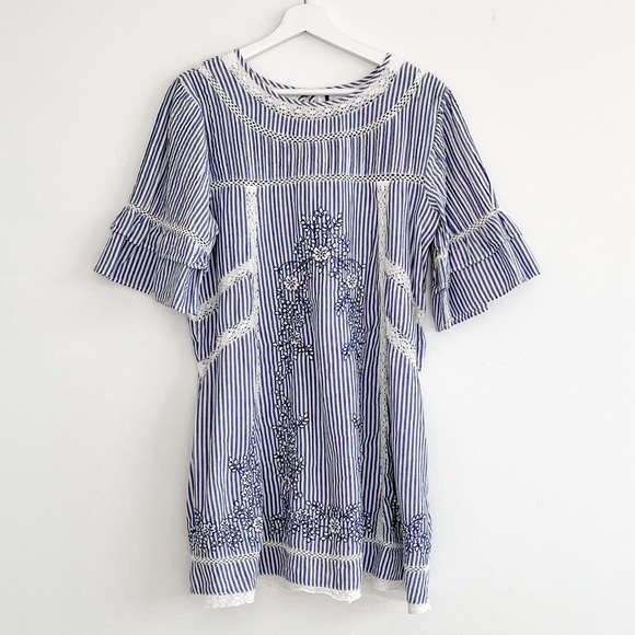 Free People Sunny Day Embroidery Crochet Striped Blue Mini Dress Medium - Picture 3 of 9